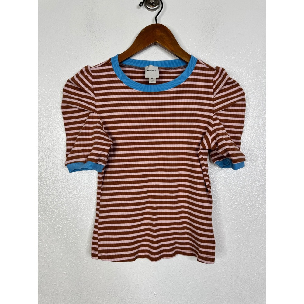 Maeve Anthropologie Striped Puff Sleeve Tee Brown Pink Blue XS Ribbed Knit Top